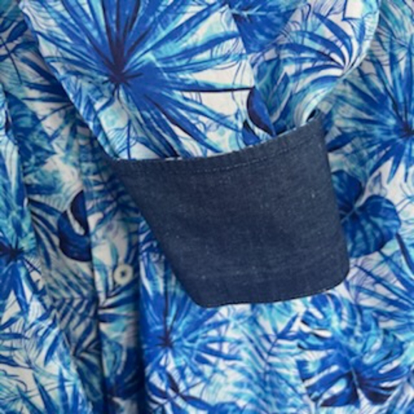 BUGATCHI CLASSIC FIT BUTTON FLIP CUFF BLUE PALM LEAVES SHIRT LARGE - Picture 10 of 16